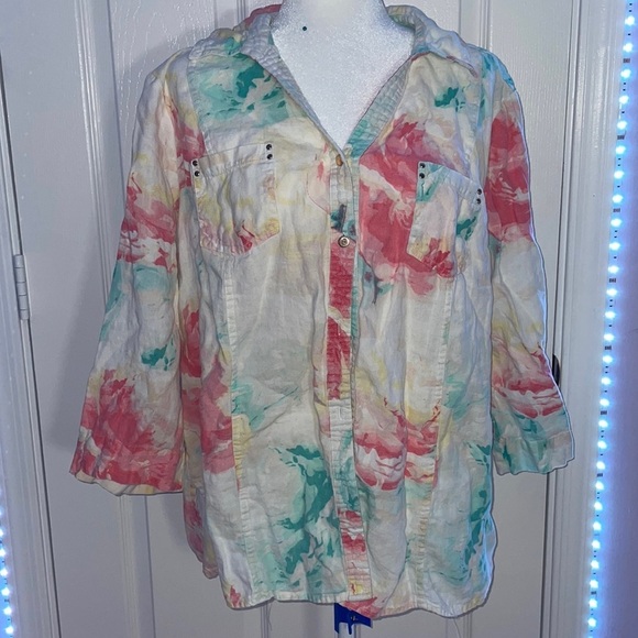 Pastel tie dye button up linen mid sleeve JM - Picture 2 of 6
